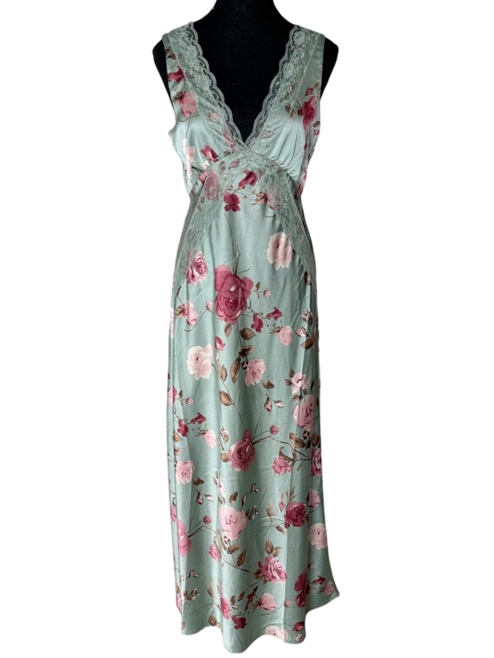 THIRTY THIRTY LA New Floral Satin Maxi Dress Sage Green Roses Lace Large *Flaw